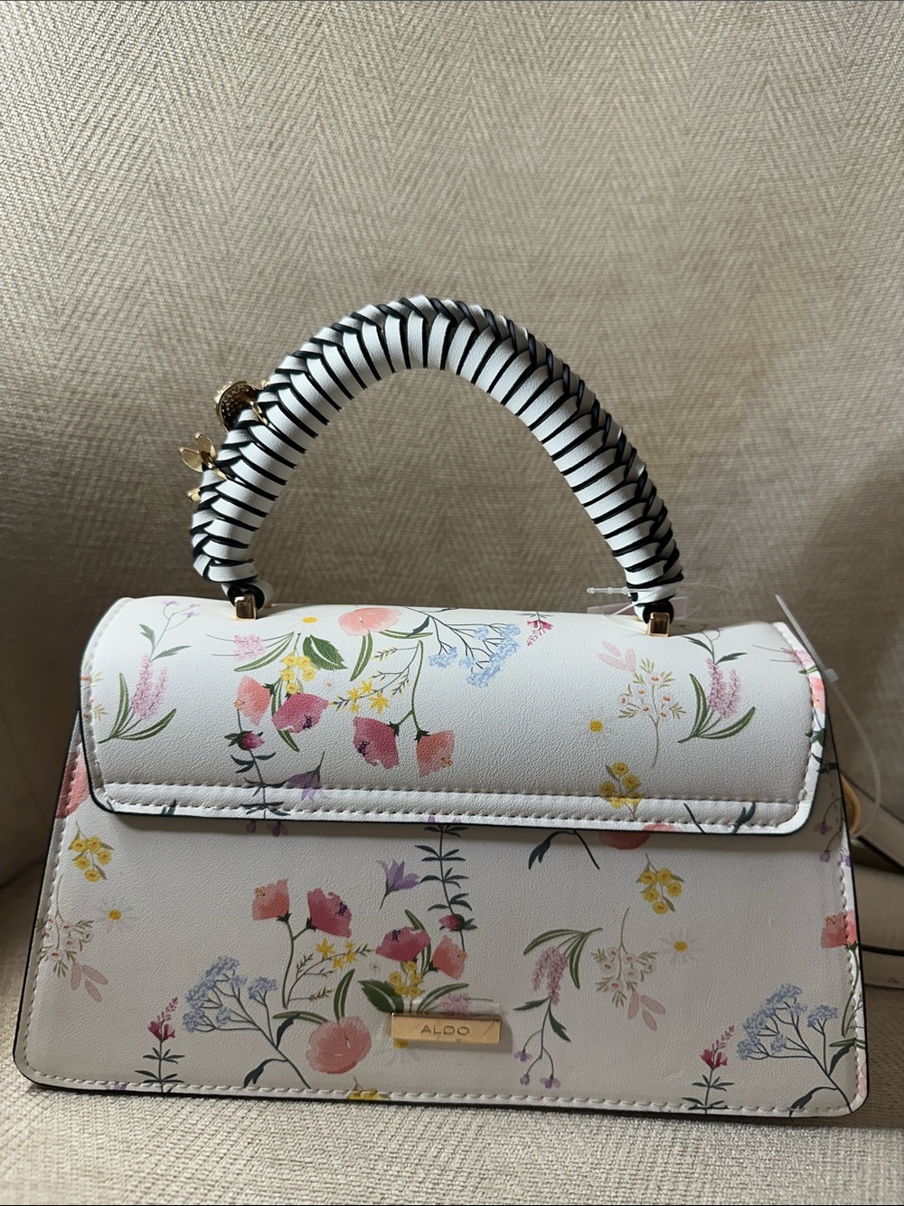 ALDO White Floral Satchel with Striped Wrapped Handle With Butterfly and Bee 🐝 - Picture 8 of 15